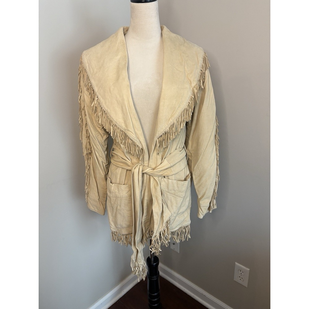 Vintage Michael Hoban North Beach Leather Fringe Beige Suede Jacket Belt 7 8 Sm